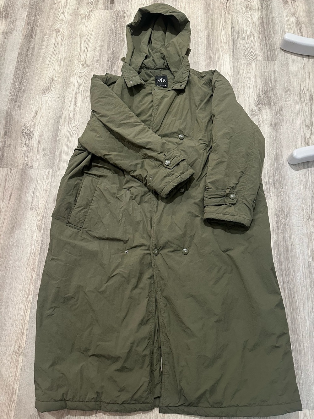Zara Men's Hooded Long Trench Coat in Olive